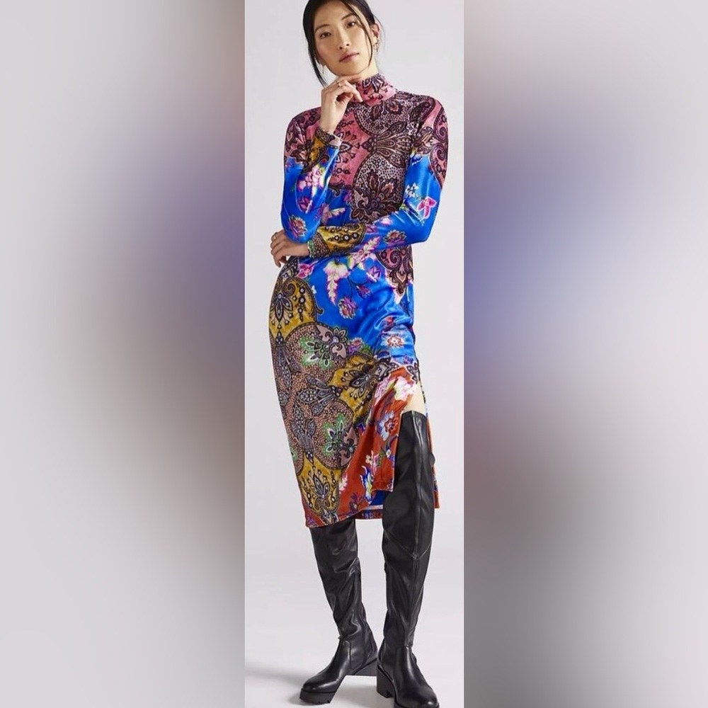 Anthropologie Midi Dress Velvet high neckline Leg Slit Blue Floral Paisley Sz. S